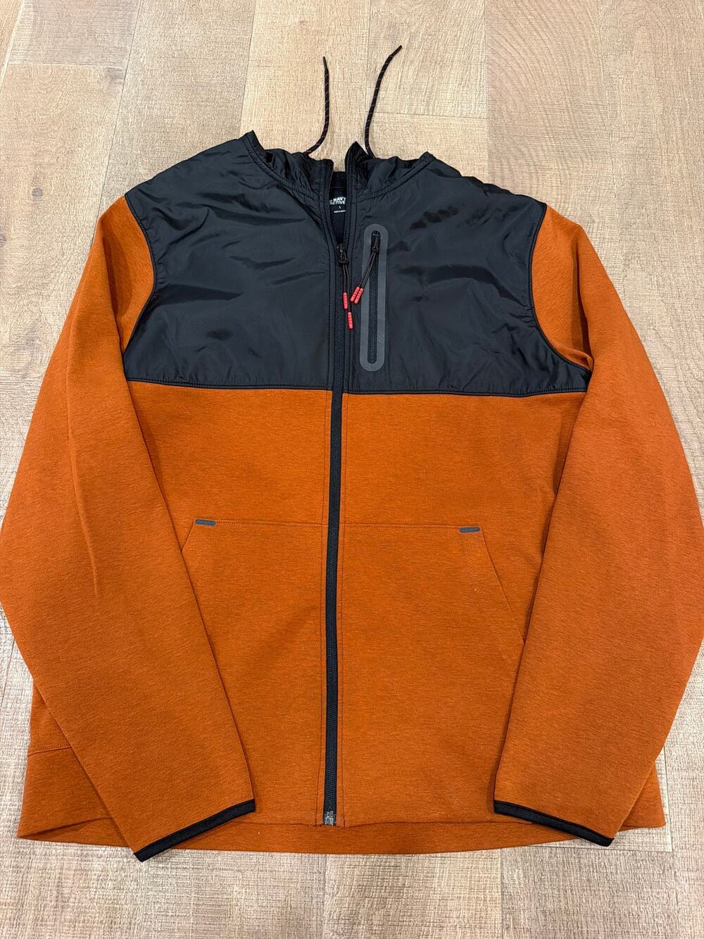Old Navy Active Jacket Mens Medium Orange Blue Fleece Hooded Long Sleeve Zip Up